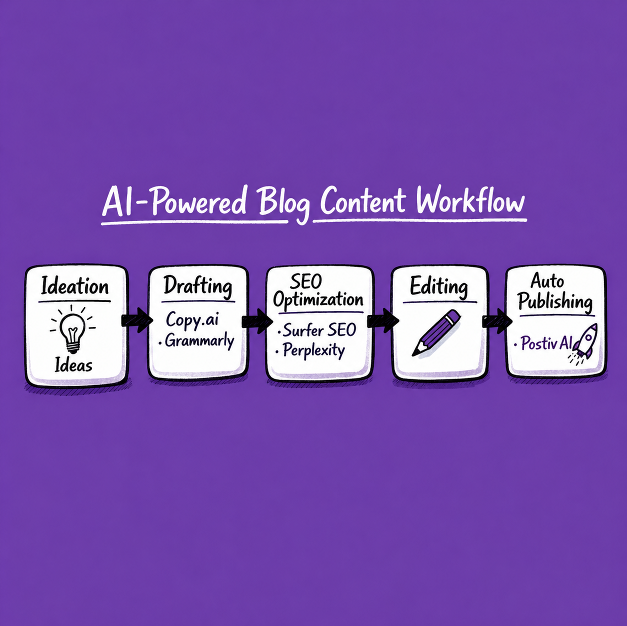 Whiteboard style diagram illustrating AI-powered blog content creation workflow including ideation, drafting, SEO optimization, editing, and publishing.