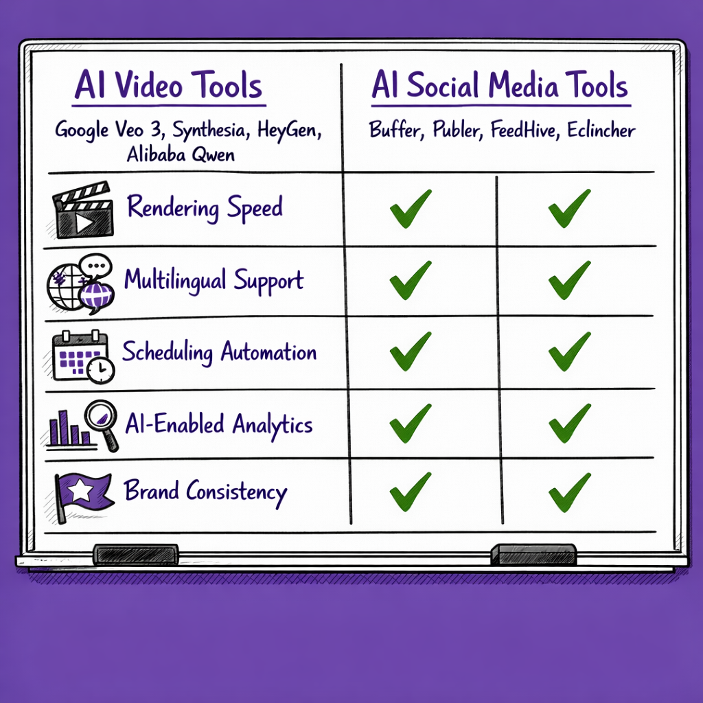 Hand-drawn comparison table of leading AI video and social media tools highlighting features like rendering speed, multilingual support, scheduling automation, and analytics.