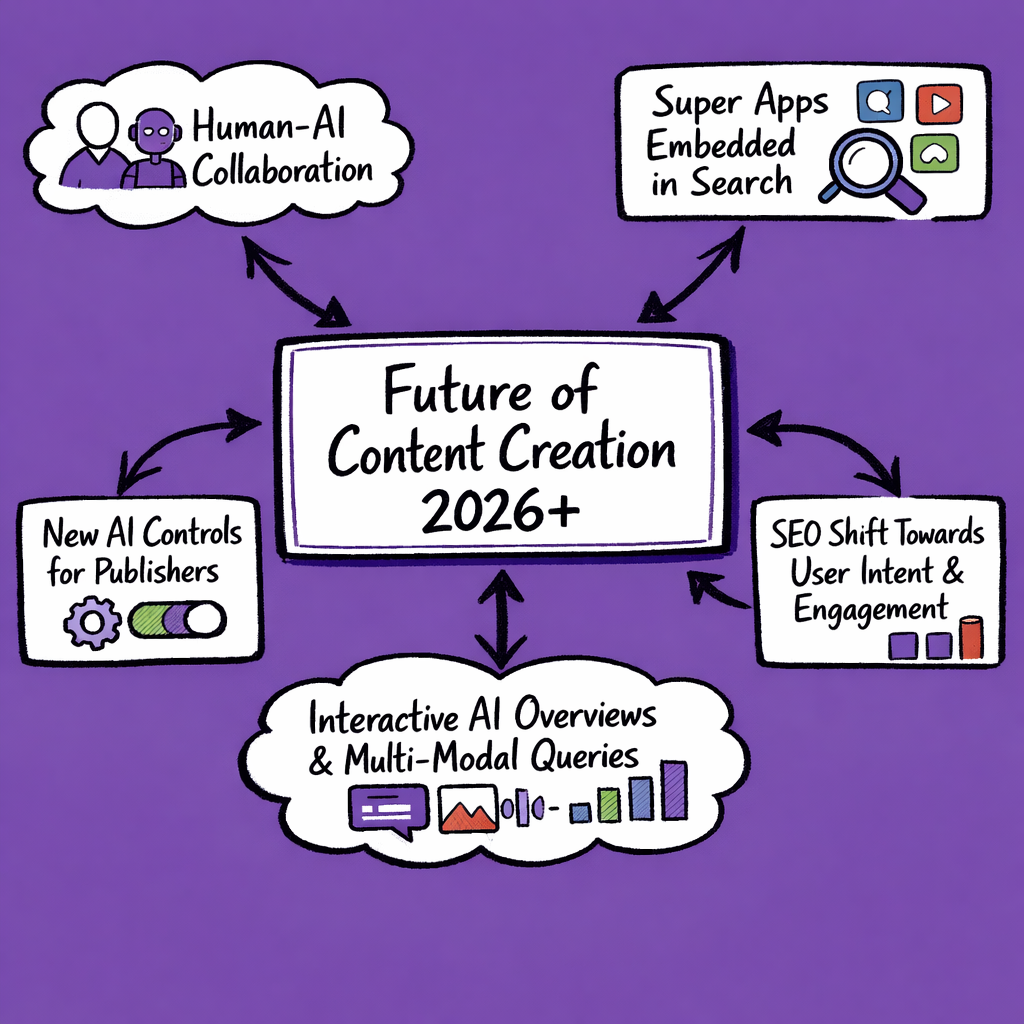 Flowchart showing future trends in content creation shaped by Google AI Search update including AI-human collaboration, super apps, content format evolution and SEO shifts