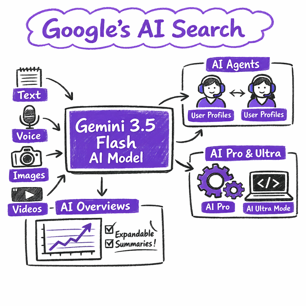 Diagram of Google's AI Search architecture with Gemini 3.5 Flash, multi-modal inputs, AI agents, AI Overviews, and AI Pro/Ultra modes