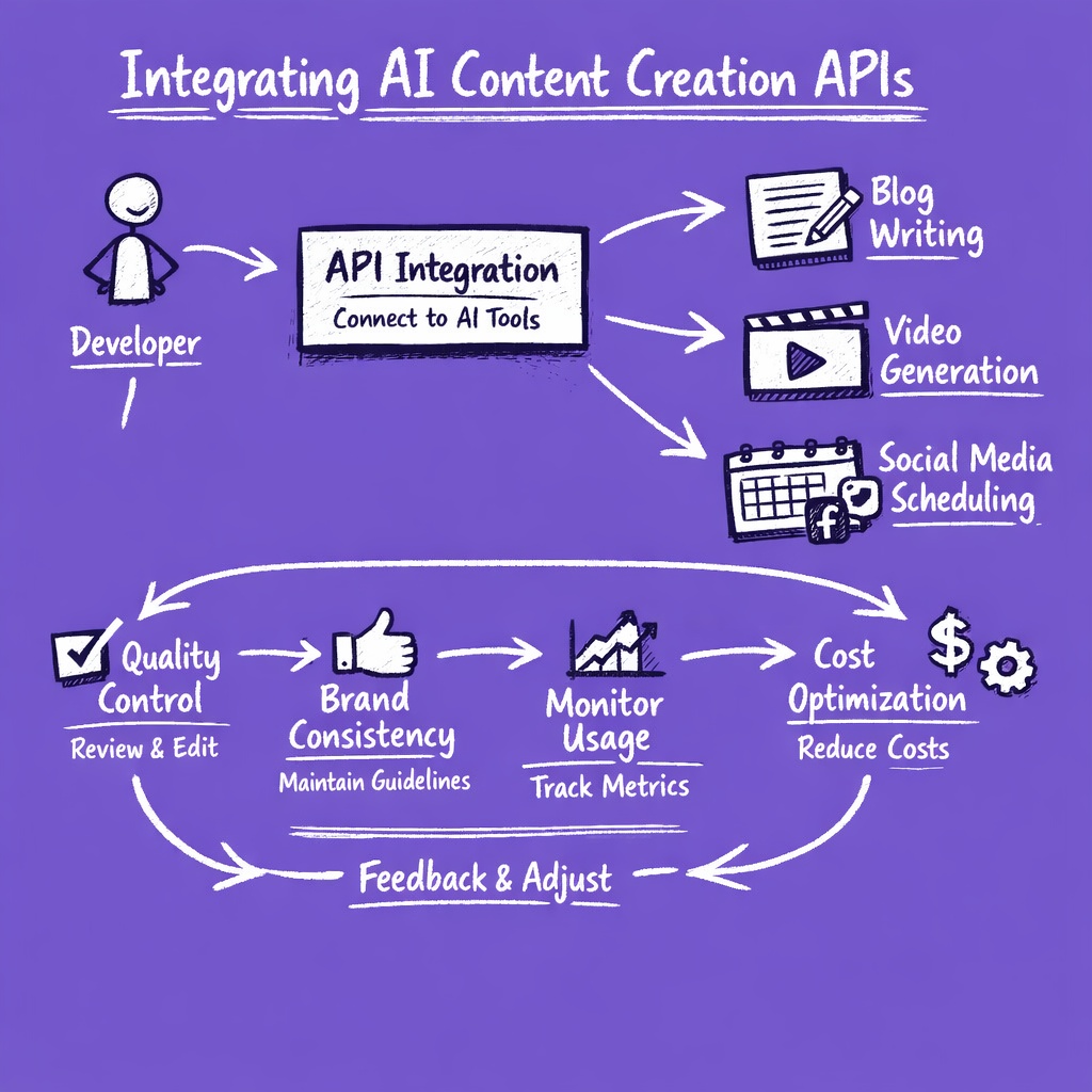 Hand-drawn flowchart diagram showing integration of AI content creation APIs for blogs, videos, and social media into developer workflows with quality control and monitoring.