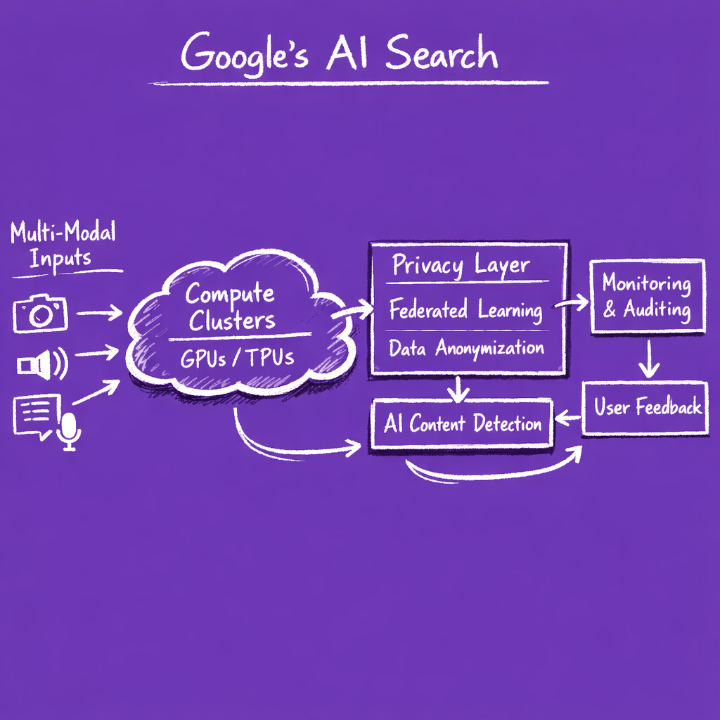 Technical diagram outlining infrastructural and security challenges of Google's AI Search with user data flows, privacy layers, and monitoring pipelines