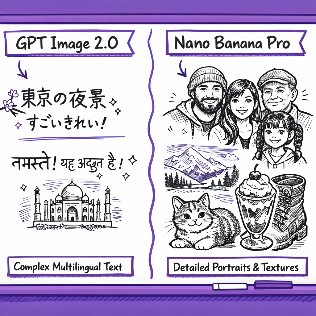 Diagram comparing text rendering vs photorealism strengths of GPT Image 2.0 and Nano Banana Pro
